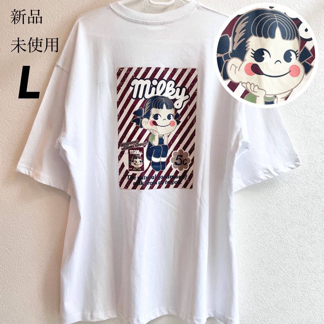 不二家(フジヤ)の【L】ペコちゃん　胸ポケット付き　パックプリント半袖Tシャツ　メンズ●綿100% メンズのトップス(Tシャツ/カットソー(半袖/袖なし))の商品写真