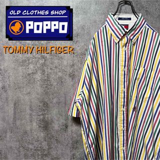 トミーヒルフィガー(TOMMY HILFIGER)のトミーヒルフィガー☆オールド刺繍ロゴ半袖カラーストライプシャツ 90s(シャツ)