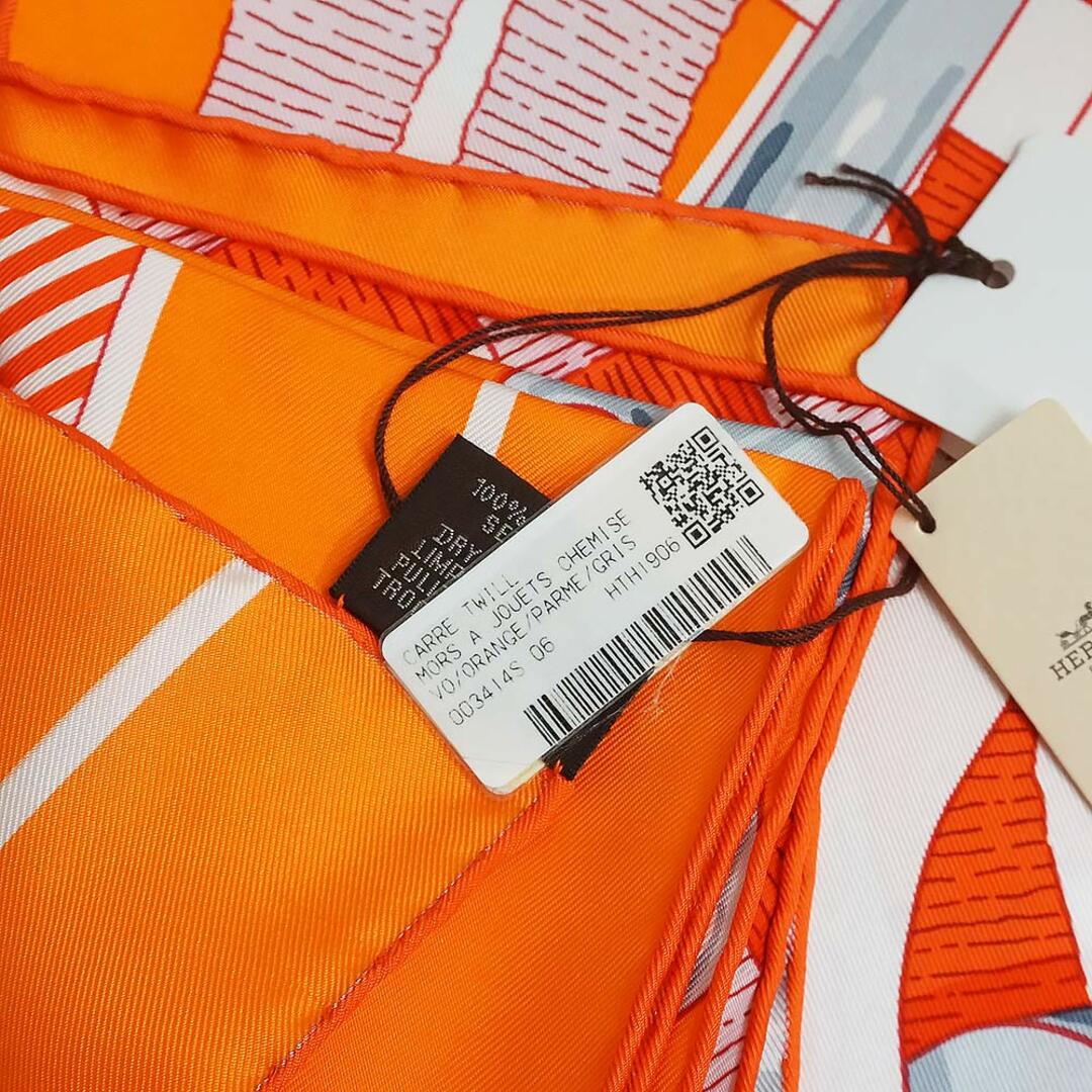 エルメス カレ 90 Mors a Jouets Chemise Detail 馬銜 シュミーズ デタイユ スカーフ シルク100％ オレンジ パルム  グリ 箱付 HERMES（新品・未使用品）