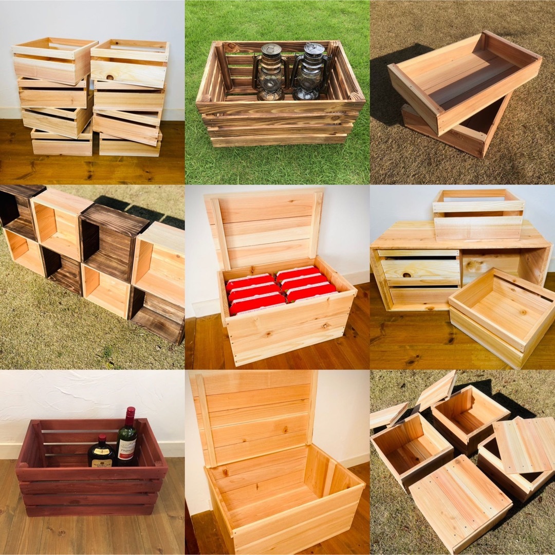 りんご箱 蓋付 角箱 2箱 // ウッドボックス 木箱 収納 diy 木製