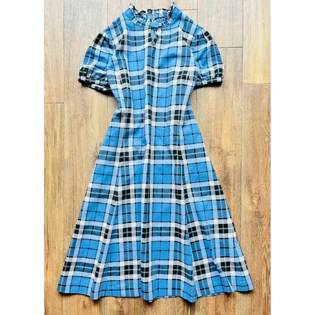 美品 ヨークランド ロングワンピース チェック柄 日本製 半袖 ブルー ...