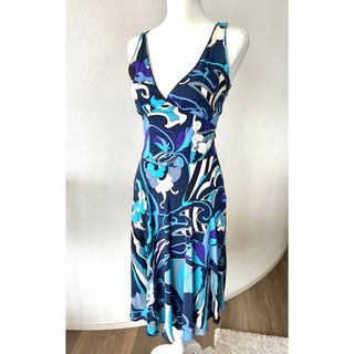 【美品】EMILIO PUCCI レースドッキングワンピース 膝丈 ブルー 42