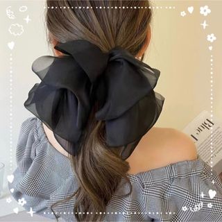 リボンバレッタ　ブラック　黒　韓国　ビッグリボン　かわいい　オルチャン　シフォン(バレッタ/ヘアクリップ)