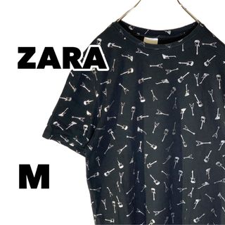 【ZARA】 半袖Tシャツ M エレキギター総柄 メンズ 黒 メンズ、レディース(Tシャツ/カットソー(半袖/袖なし))