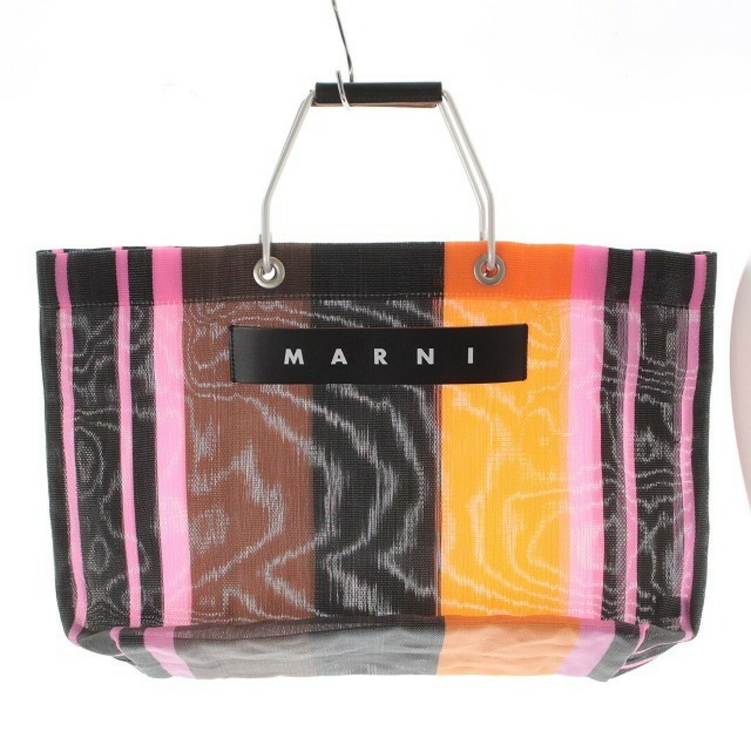 マルニ フラワーカフェ ストライプ バッグ ハンドバッグ ロゴ 茶色 ピンク