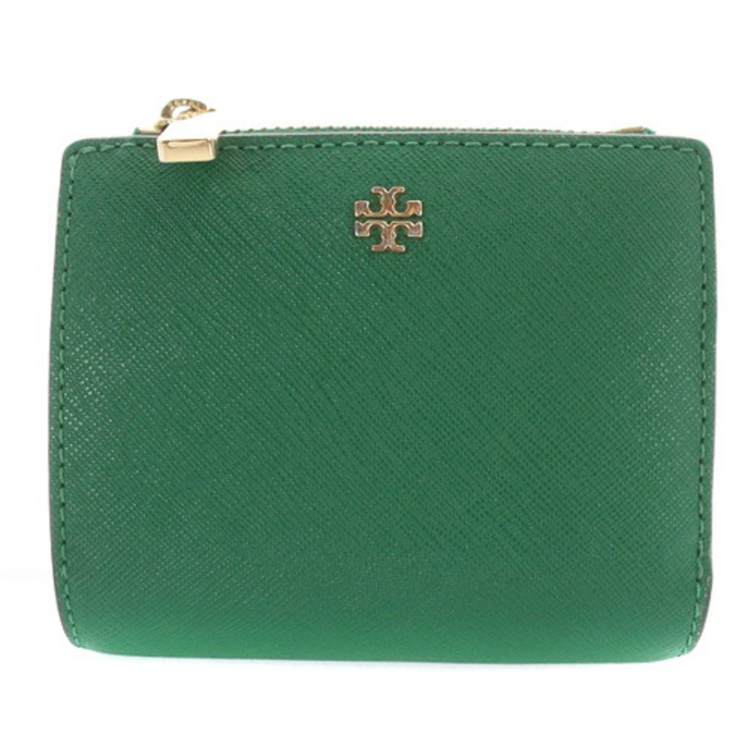 トリーバーチ コンパクトウォレット 二つ折り 財布 レザー  ロゴ 緑9cmマチ