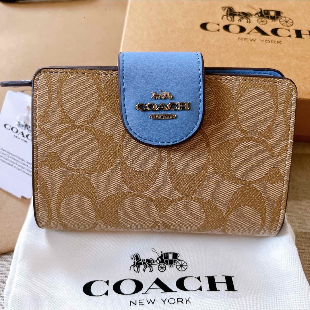 COACH コーチ　折り財布　ブルーカーキ　シグネチャー