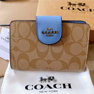 COACH 折り財布 新品 カーキ×ブルー 最新カラー レザー レディース