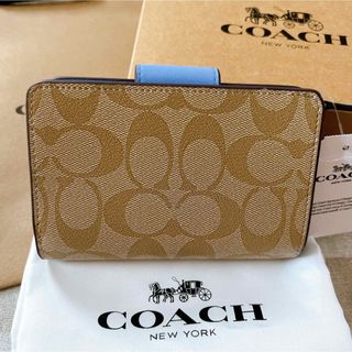 COACH 折り財布 新品 カーキ×ブルー 最新カラー レザー レディース