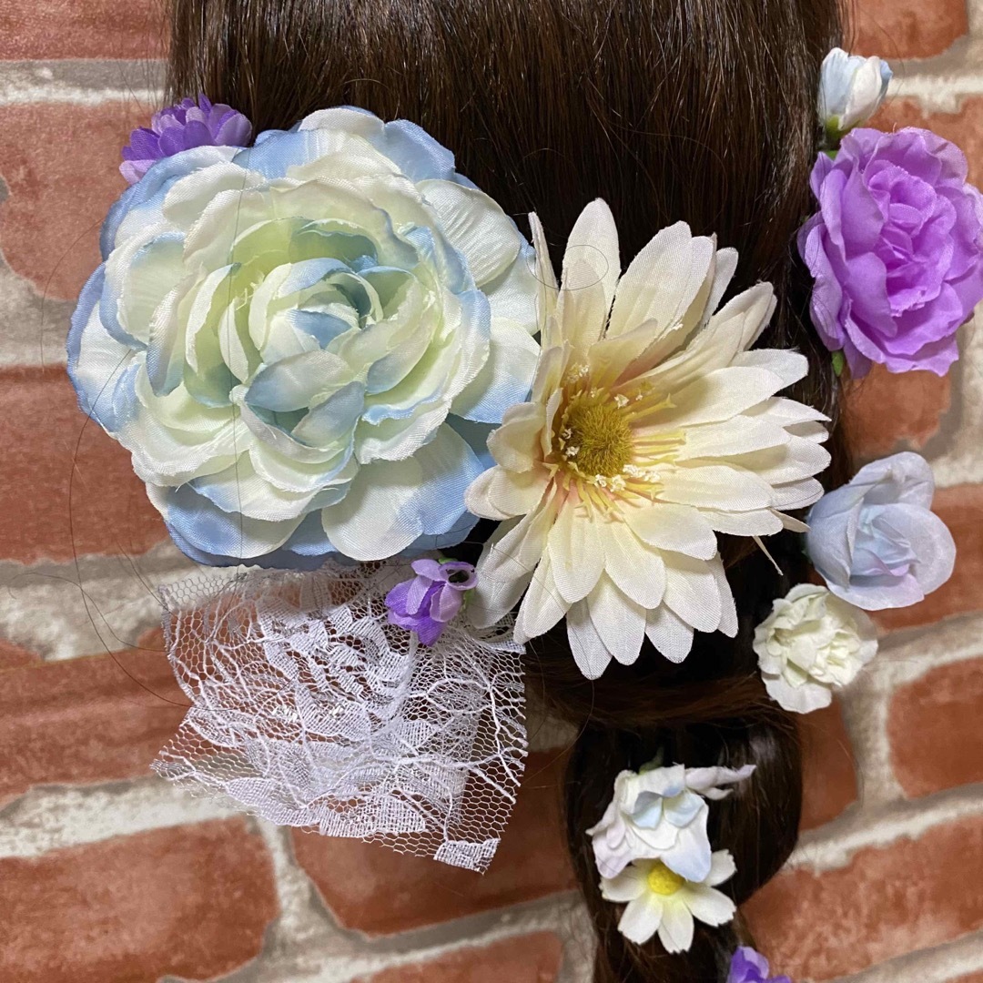 No.839 ブルーパープル　♡ フラワーピン　ヘッドドレス ハンドメイドのアクセサリー(ヘアアクセサリー)の商品写真