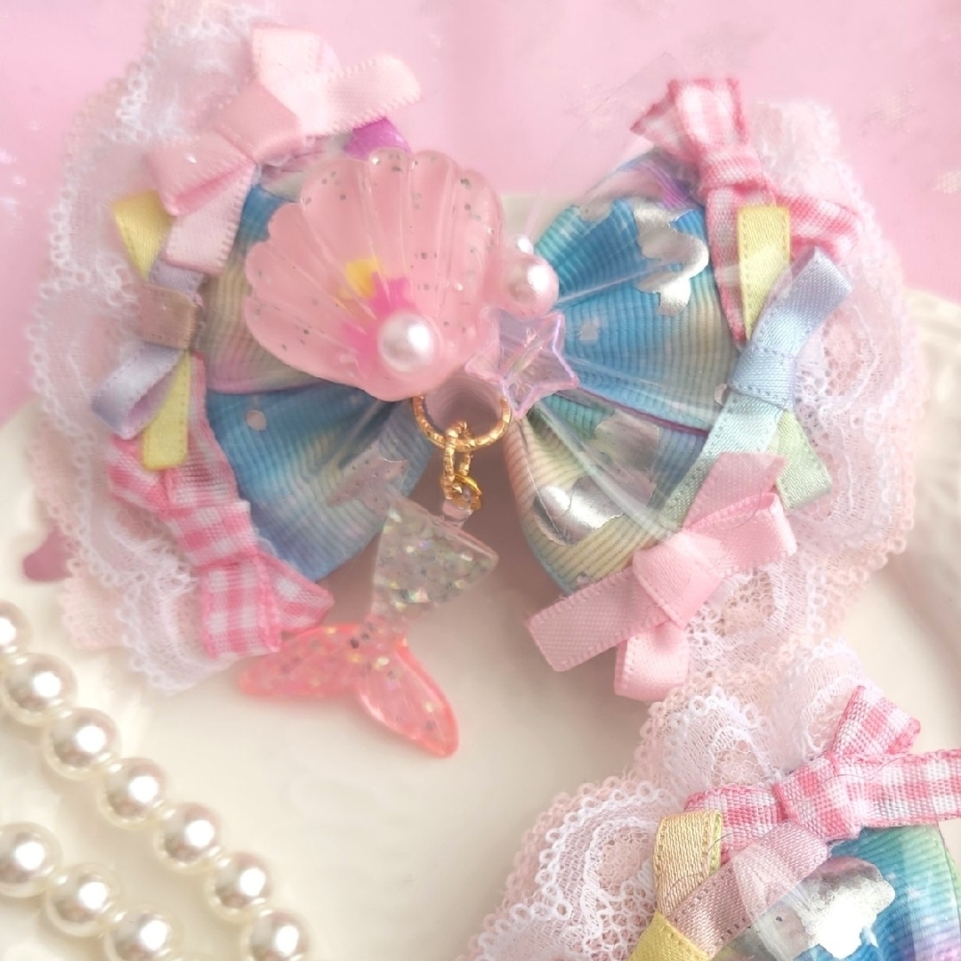 左開き♡ハンドメイド♡マーメイド シェル ビニールフリフリリボン③ ハンドメイドのキッズ/ベビー(ファッション雑貨)の商品写真