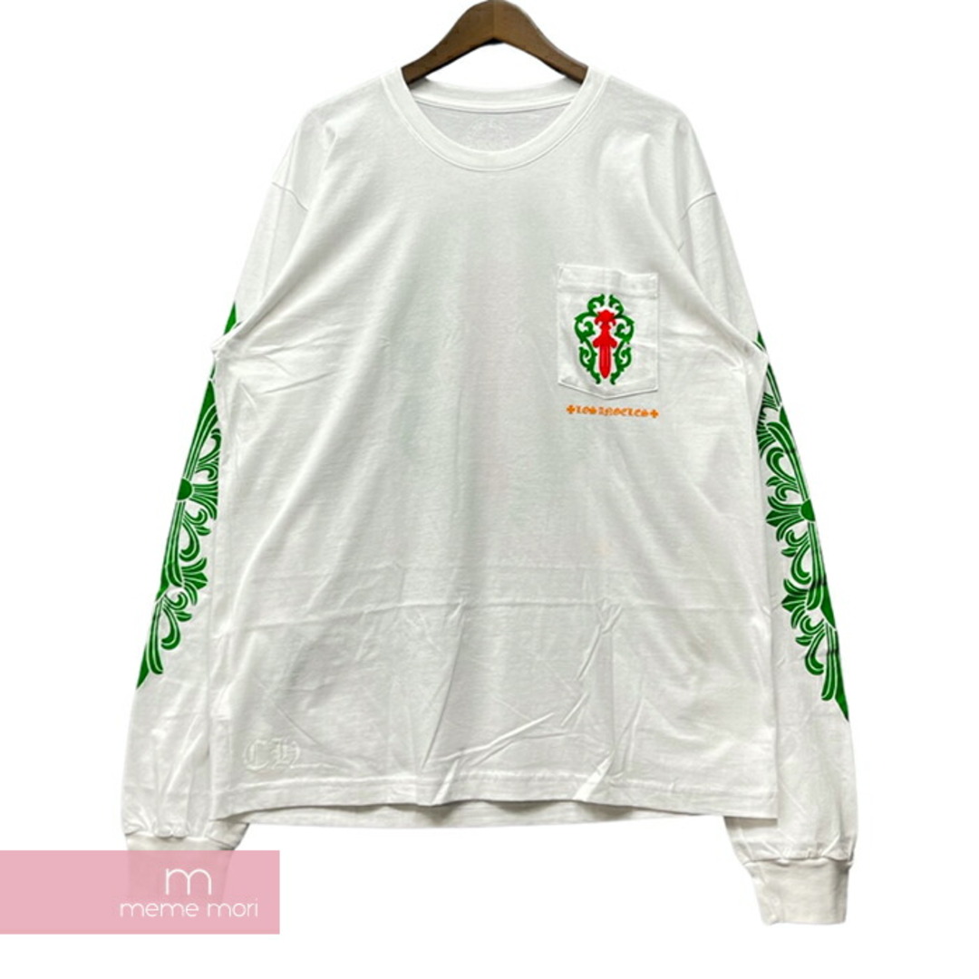 Chrome Hearts(クロムハーツ)のCHROME HEARTS Los Angeles Dagger Print L/S Tee クロムハーツ ロサンゼルスダガープリントロングスリーブTシャツ 長袖カットソー ロンT LA限定 袖フローラルクロスプリント ホワイト×グリーン×レッド サイズXL【230625】【新古品】【me04】 メンズのトップス(Tシャツ/カットソー(半袖/袖なし))の商品写真