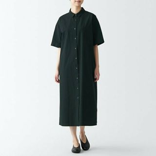 ムジルシリョウヒン(MUJI (無印良品))の●新品●  無印良品 涼感 五分袖シャツワンピース／黒／Ｌ(ひざ丈ワンピース)