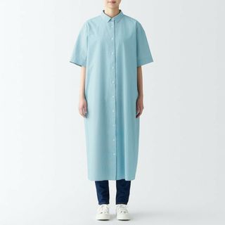 ムジルシリョウヒン(MUJI (無印良品))の《新品》 無印良品 涼感 五分袖シャツワンピース／グリーンストライプ／XL(ひざ丈ワンピース)