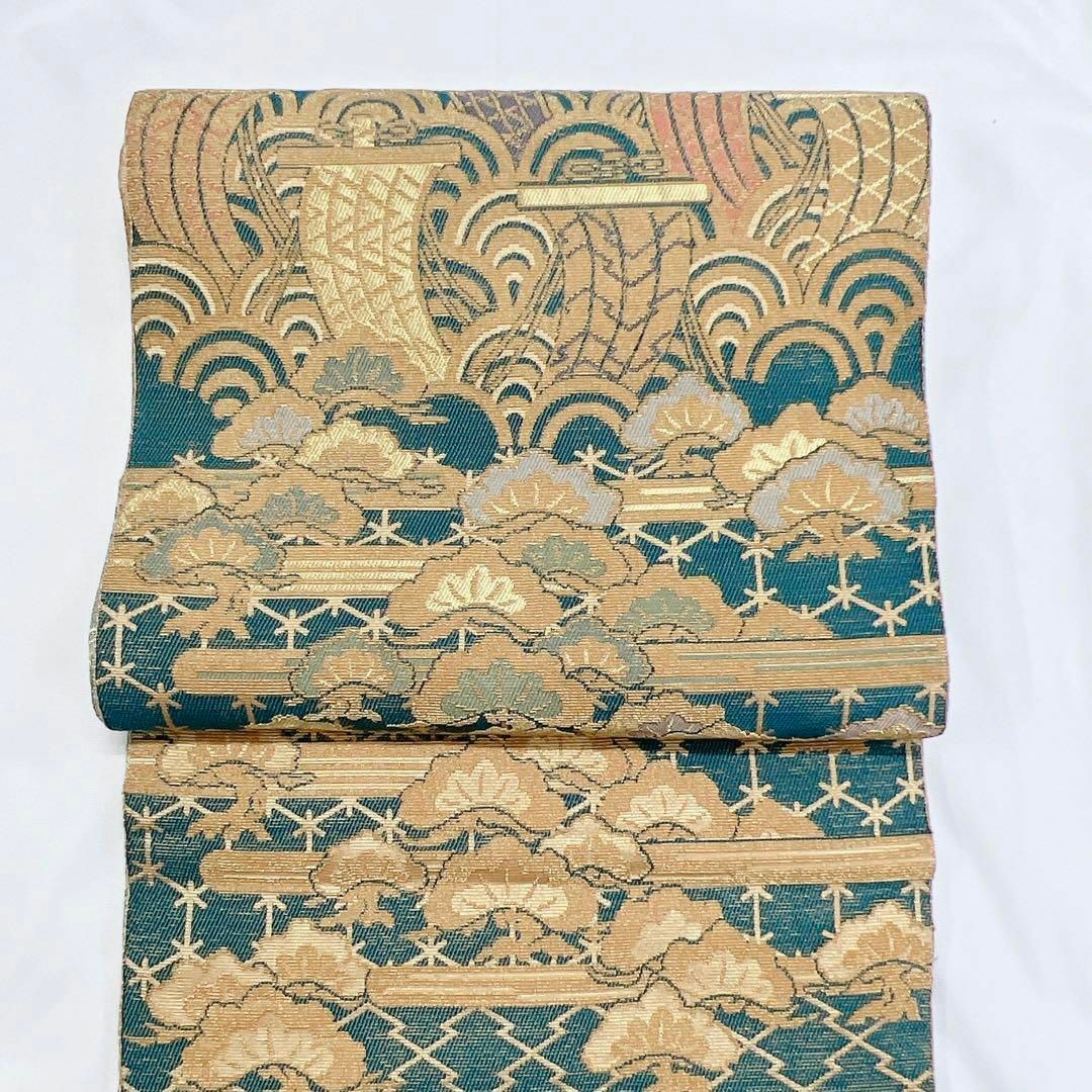 金華山織り　輪奈ビロード　青海波に松や霞などが織られた袋帯　着物 2