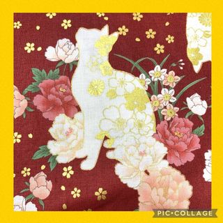 キルトゲイト ハギレ 生地 猫 花柄 和柄 レッド 赤 110×50cm(生地/糸)