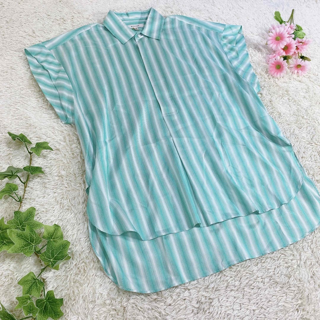 未使用品 ブラミンク シャツ ブラウス シルク ストライプ グリーン系 38-