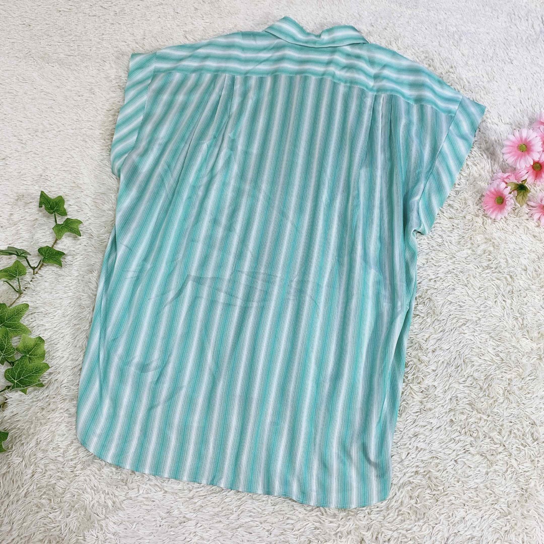 未使用品 ブラミンク シャツ ブラウス シルク ストライプ グリーン系 38-