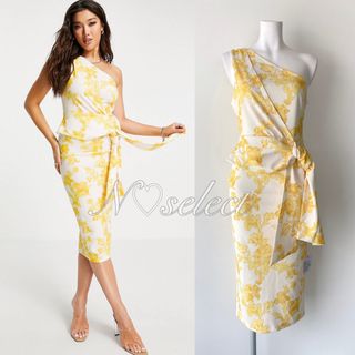 asos - 完売品【UK10】イエロー フローラル ワンショルダーワンピース