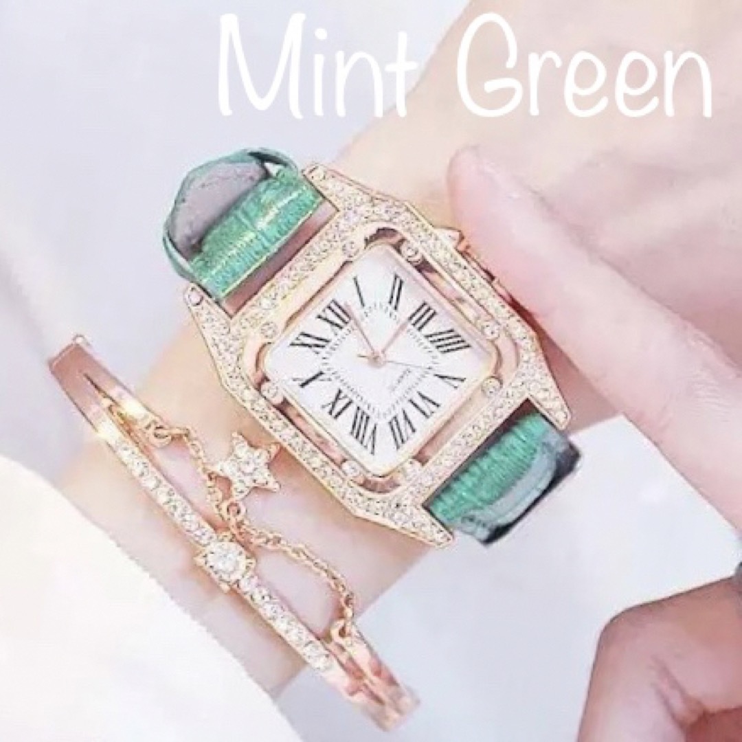 新品 レディース腕時計  ローマ数字　四角い　スワロフスキー　キラキラ［グリーン レディースのファッション小物(腕時計)の商品写真