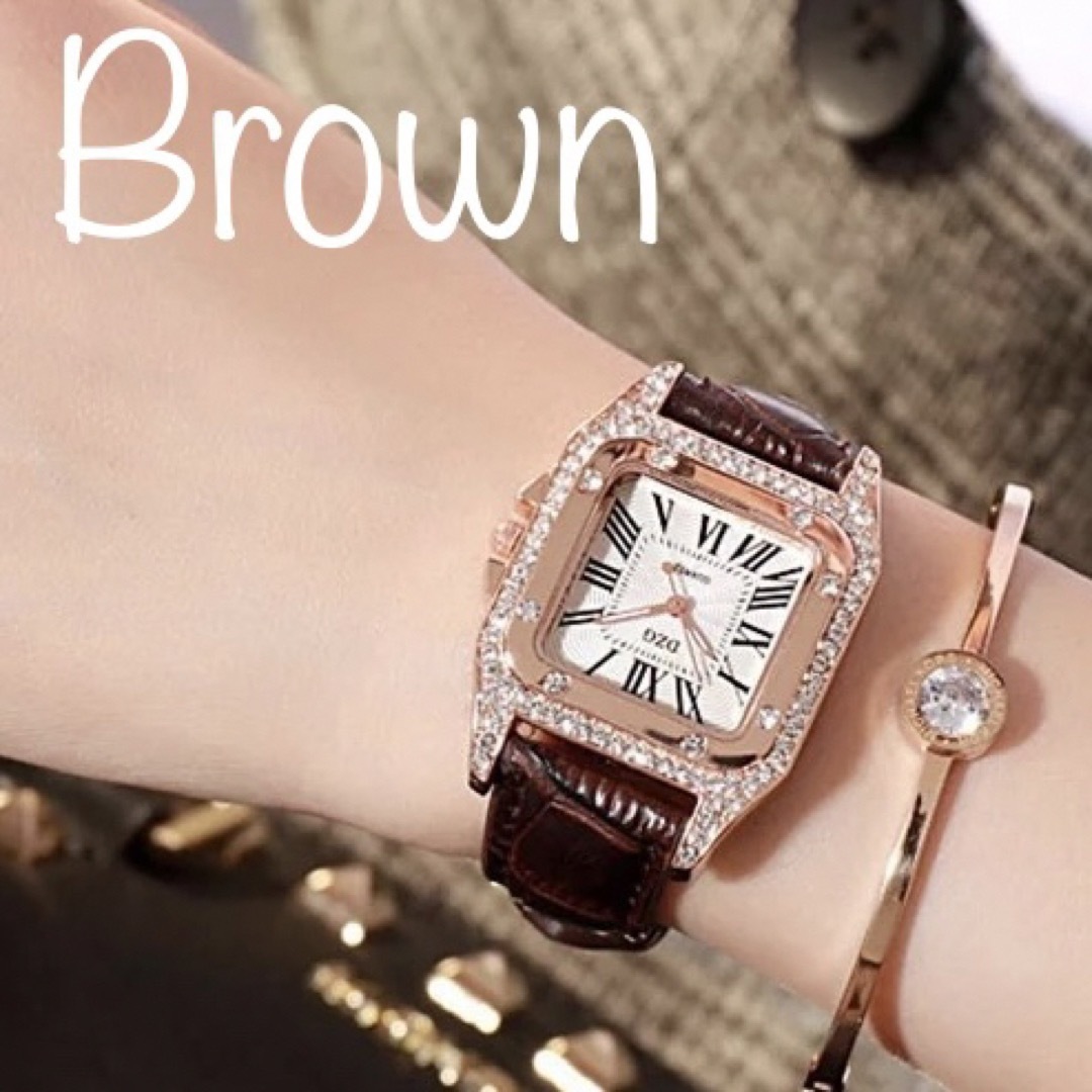 新品 レディース腕時計  ローマ数字　四角い　スワロフスキー　キラキラ［ブラウン レディースのファッション小物(腕時計)の商品写真