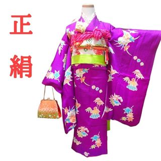 ★sold out★　7歳　正絹紫家屋菖蒲小鳥　七五三　お着物フルセット(和服/着物)