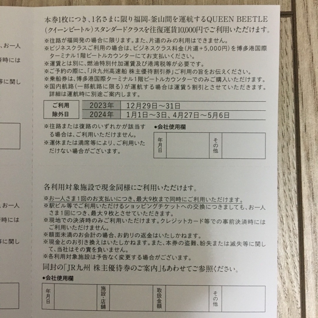 JR(ジェイアール)のjr九州グループ株主優待券、高速船株主優待割引券 チケットの優待券/割引券(ショッピング)の商品写真