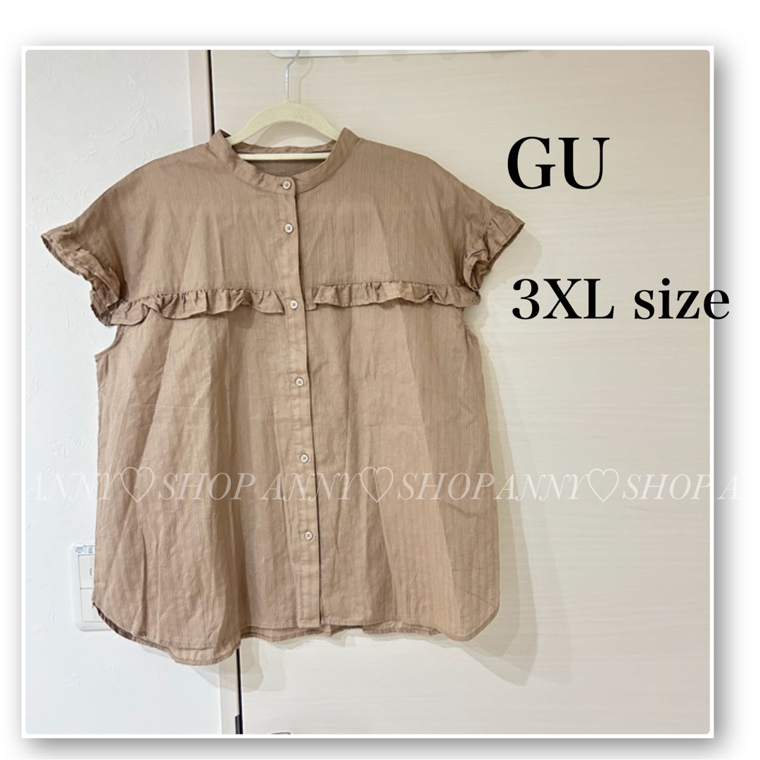 GU(ジーユー)のジーユー♡バンドカラーフリルシャツ♡袖なし♡ベージュ♡大きいサイズ♡4L♡3XL レディースのトップス(シャツ/ブラウス(半袖/袖なし))の商品写真