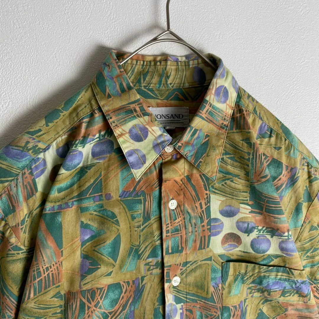 半袖シャツ 総柄 柄シャツ 幾何学模様 黄色 緑 紫 オレンジ 古着】の