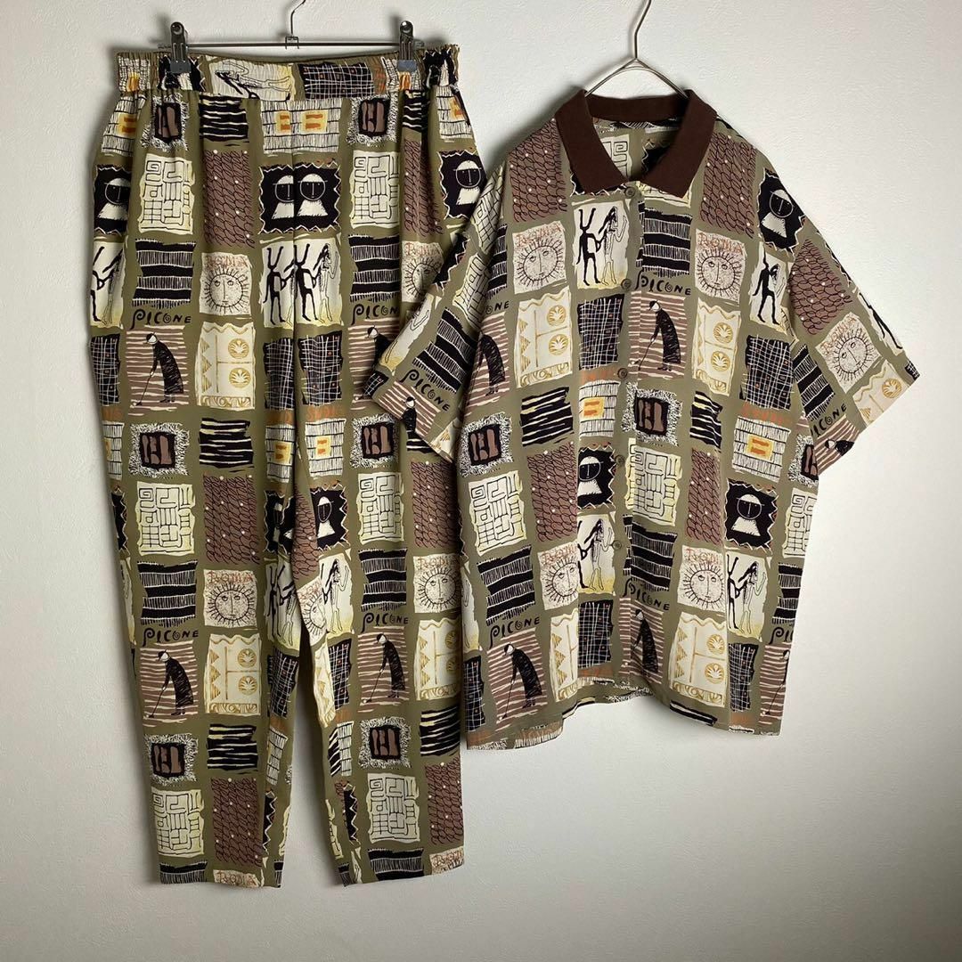 セットアップ 総柄 柄シャツ イージーパンツ テロ感 茶 カーキ 黒 古着】の通販 by 古着micchan【大特価セール‼️】|ラクマ 古着 総柄パンツセットアップ