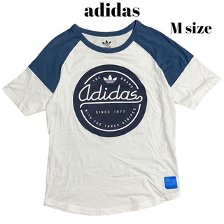 アディダス(adidas)のadidas ラグランT リンガーT センターロゴ 染み込み ホワイト×ブルー(Tシャツ(半袖/袖なし))