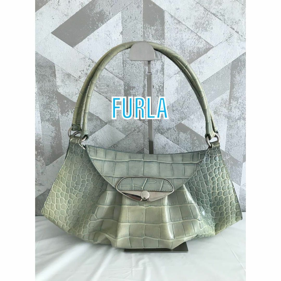 【良品】FURLA フルラ クロコダイル レザー ハンドバッグ トートバッグ