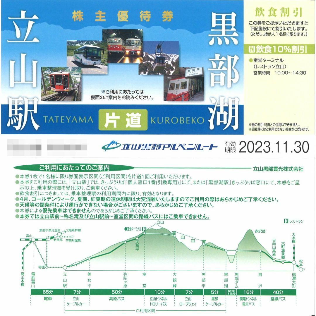 立山黒部貫光 立山黒部アルペンルート 片道乗車券(2枚) 23.11.30迄 www