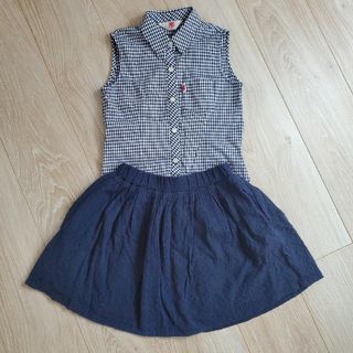 ユニクロ(UNIQLO)のノースリーブ　スカート　２枚セット　チェック　ネイビー　キッズ　130 ユニクロ(Tシャツ/カットソー)