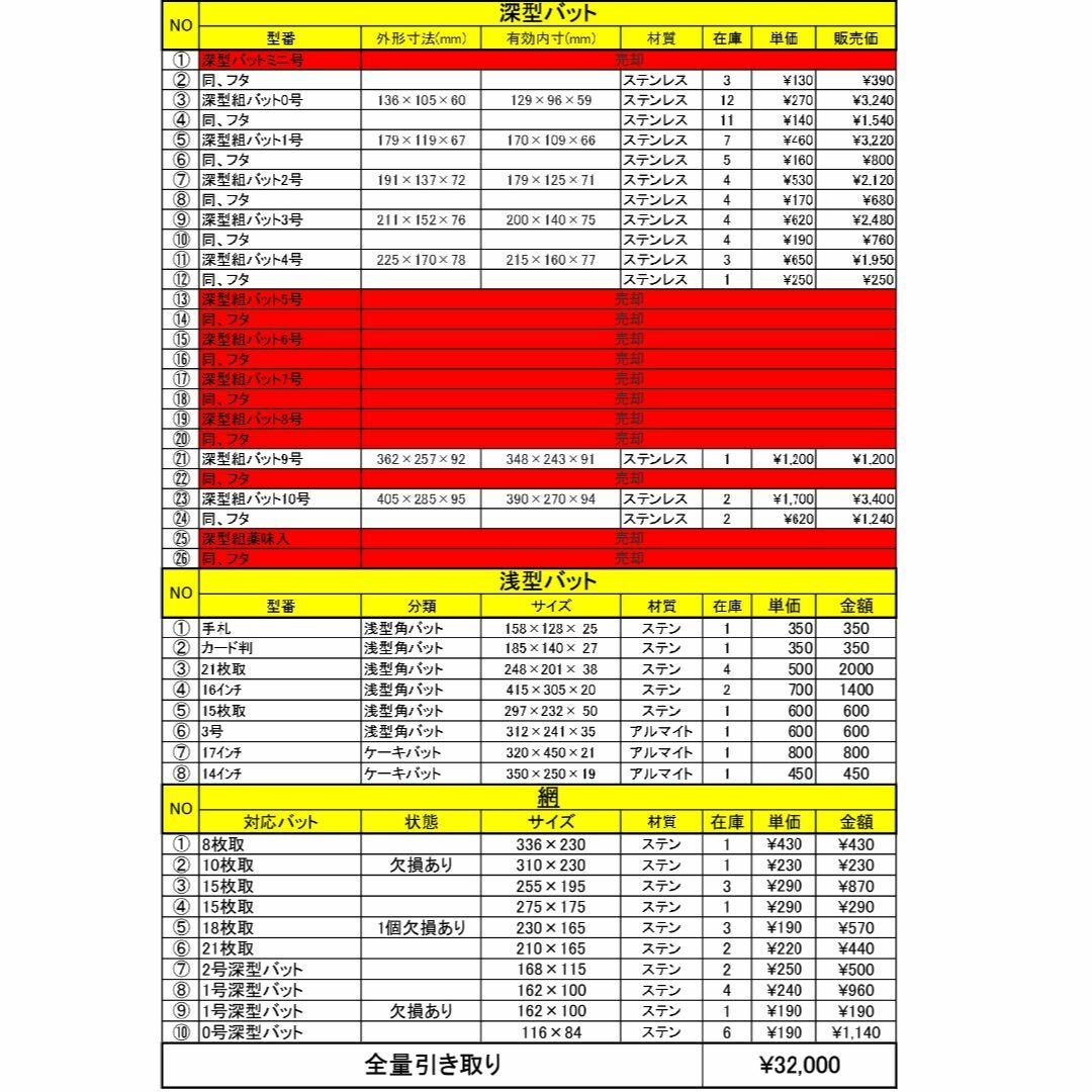 業務用 浅深角バット＆対応網 ￥3,000以上全国無料送料！ 個別購入可！ 調理道具/製菓道具