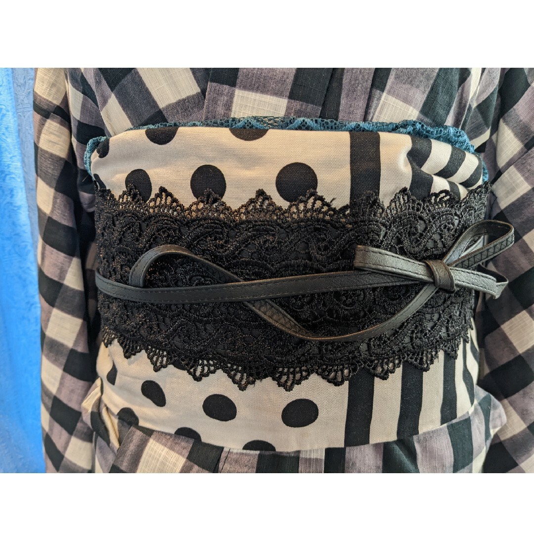 フェイクレザー✕ブラックレース帯締め☆kimono☆新品☆帯着物☆飾り紐☆帯飾りの通販 by cathe フェイクレザー✕ブラックレース帯締め☆kimono☆新品☆帯着物☆飾り紐☆帯飾り
