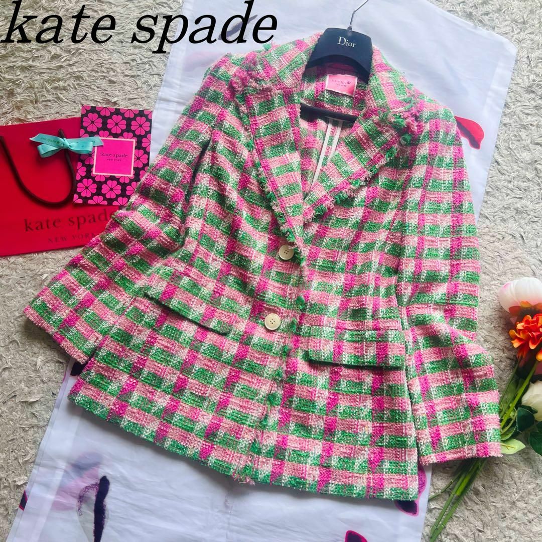 【美品】kate spade チェック柄ミドルジャケット 2 M グリーン