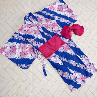 女の子 セパレート 浴衣 帯付き 150 ブルー 花柄(甚平/浴衣)