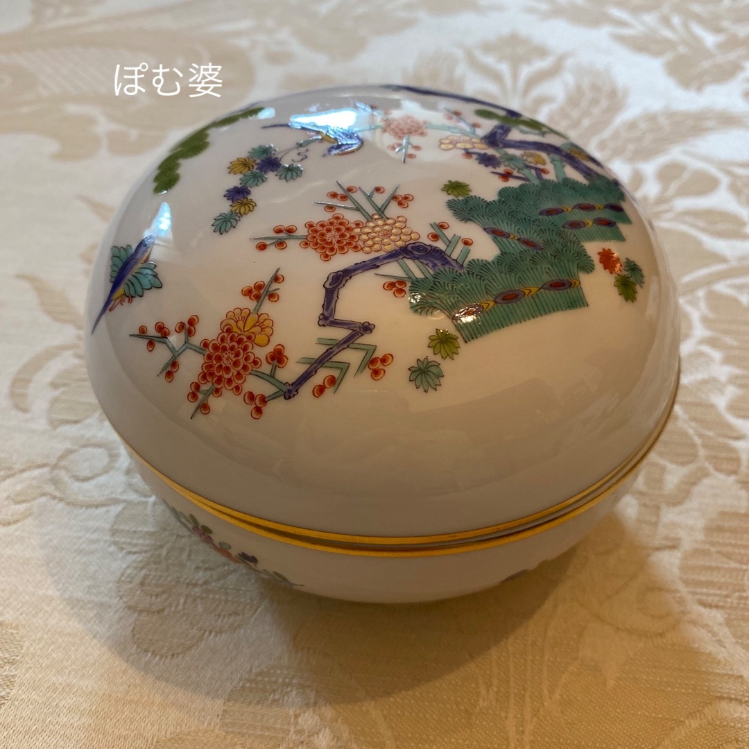 約125cm高さ【マイセン】金彩 花絵付「シノワズリ 柿右衛門／柴垣松竹梅」蓋物 蓋付容器