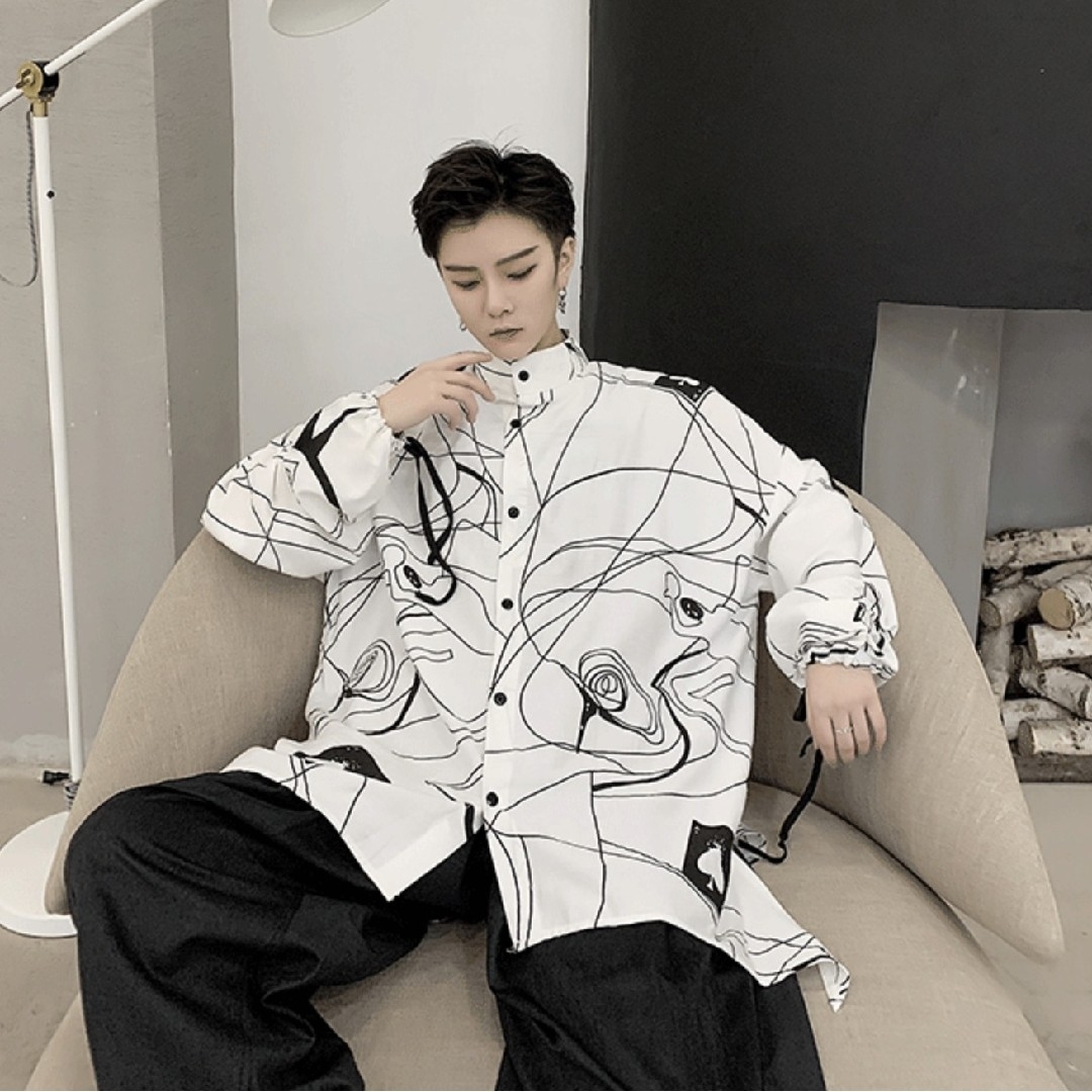 G④2 メンズ ロング シャツ オシャレ モード系 ビジュアル 芸術風 韓国