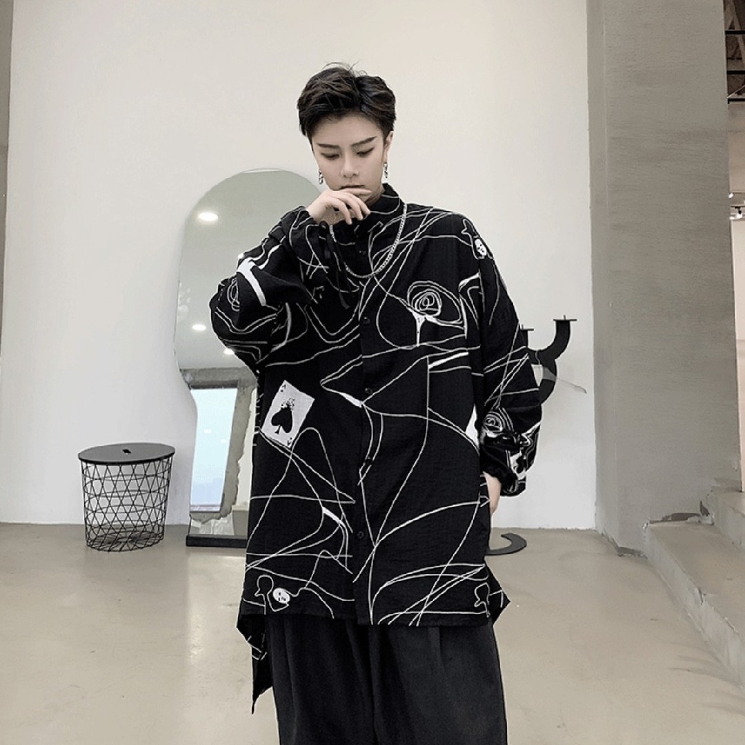 G④2 メンズ ロング シャツ オシャレ モード系 ビジュアル 芸術風 韓国