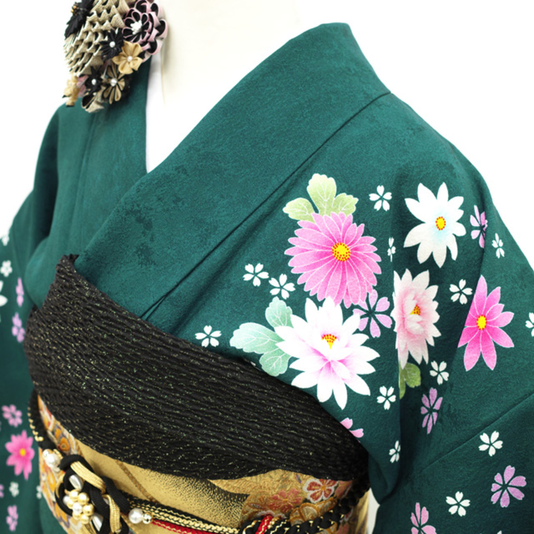 すごい値!振袖 袷 着物 ぼかし染 正絹 深緑 薬玉 牡丹 桜 菊 中古