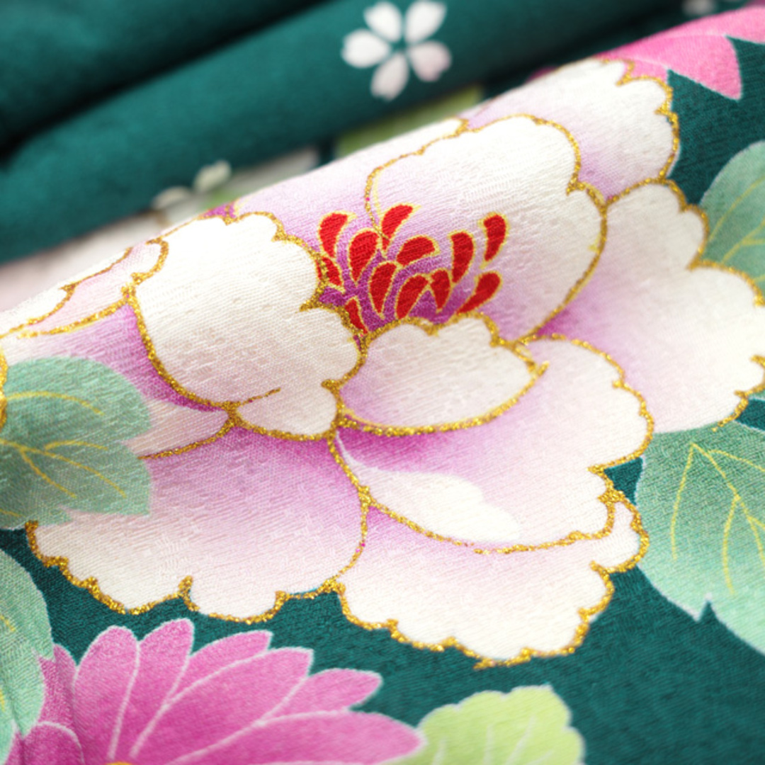 すごい値!振袖 袷 着物 ぼかし染 正絹 深緑 薬玉 牡丹 桜 菊 中古