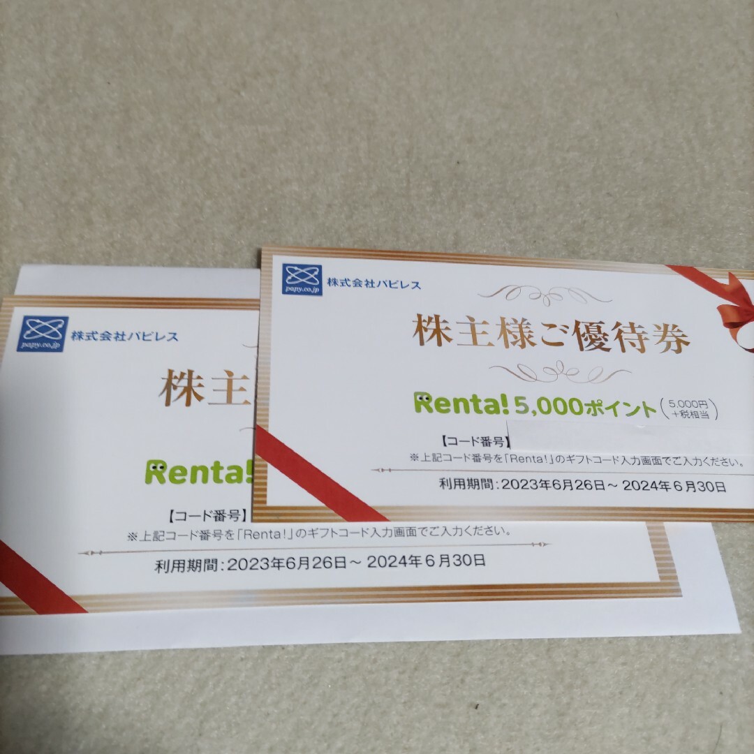 電子書籍サイトRenta! 10,000ポイント パピレス 株主優待
