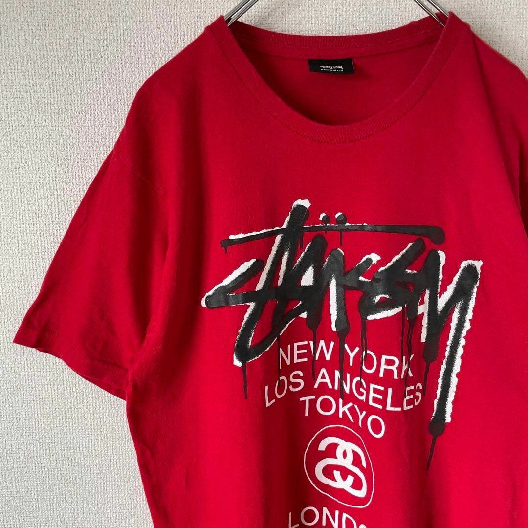 Meterialコットン【タグ付き、シャドーマンロゴ◎】stussyプリントTシャツ赤ストリートM半袖