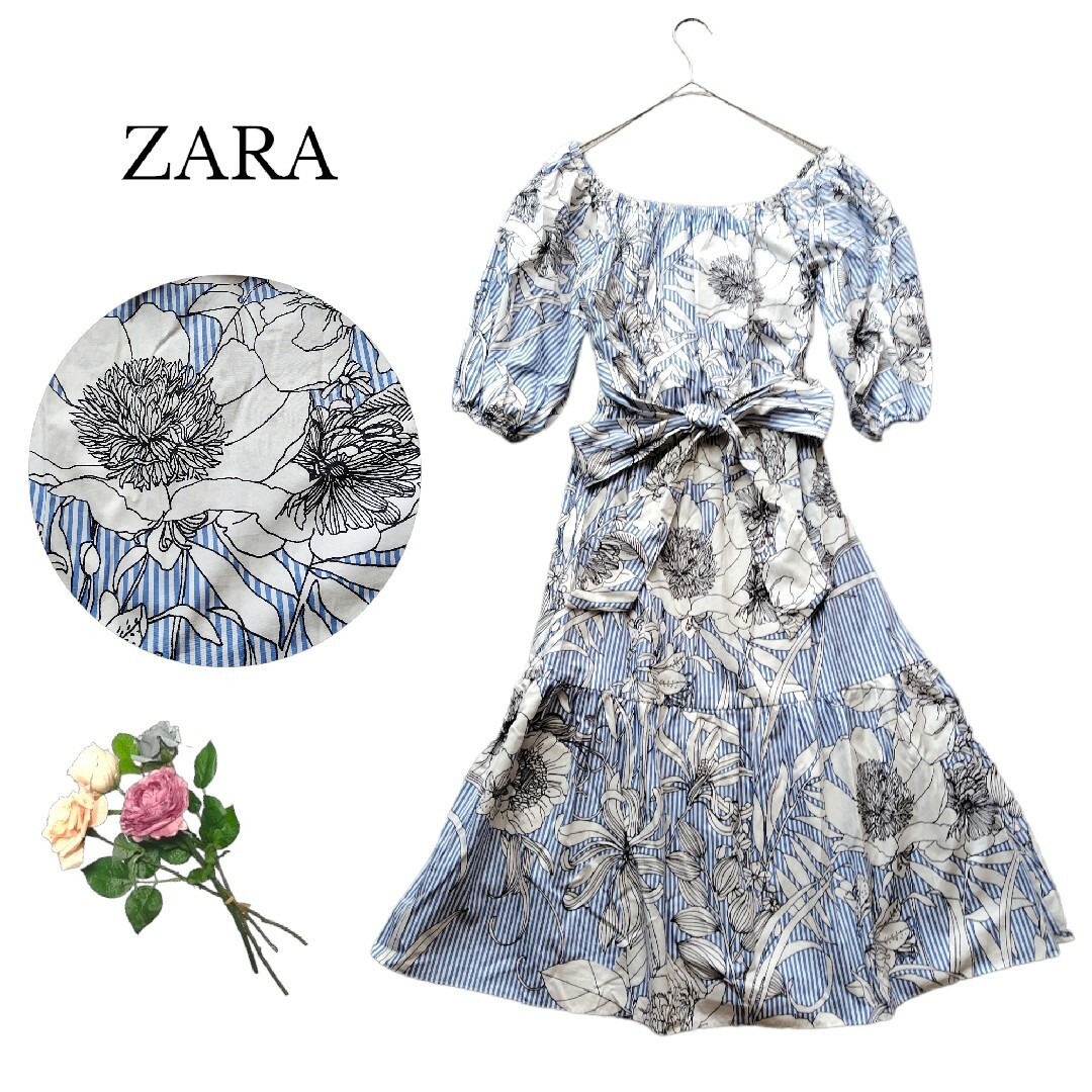 ZARA(ザラ)の極良品 ZARA 膝下丈 ワンピース ストライプ 花 ウエストリボン ブルー 綿 レディースのワンピース(ロングワンピース/マキシワンピース)の商品写真