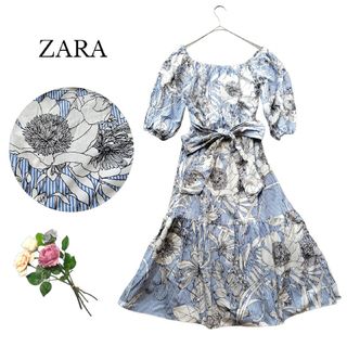 ザラ(ZARA)の極良品 ZARA 膝下丈 ワンピース ストライプ 花 ウエストリボン ブルー 綿(ロングワンピース/マキシワンピース)