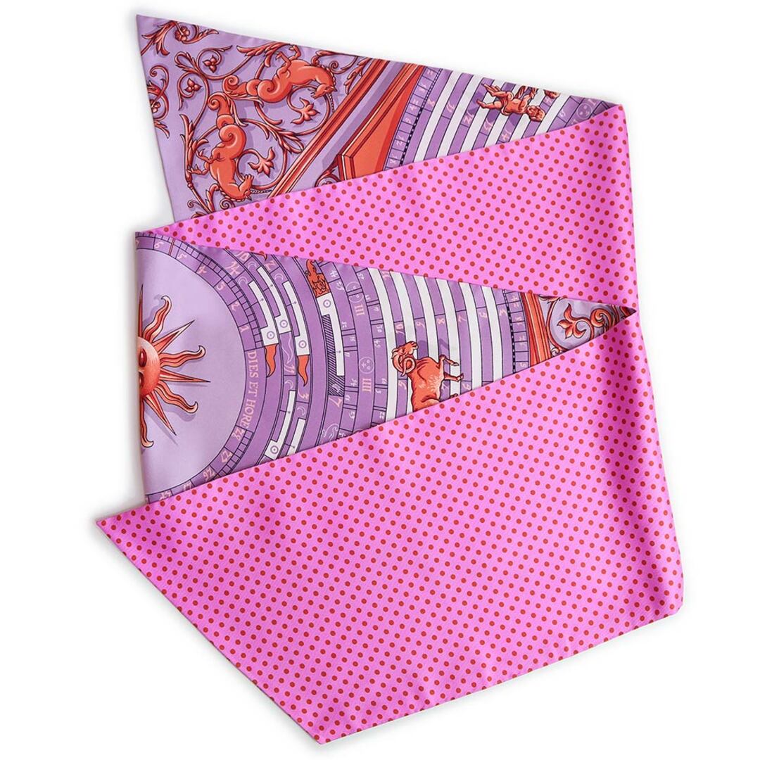 エルメス マキシツイリー カット DIES ET HORE 占星術 リボン スカーフ シルク100% パープル ピンク 紫 箱付 HERMES(新品・未使用品)