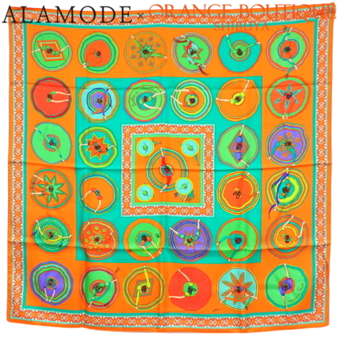 エルメススカーフ Belles du Mexique 美しいメキシコ カレ90 シルク オレンジ橙 グリーン緑 40802060898