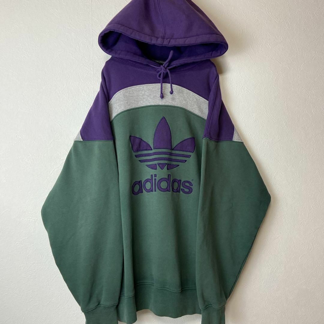 ビッグ刺繍ロゴ】adidasパーカー古着パープル最高カラーリング